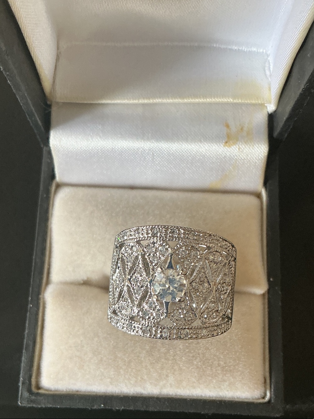 Silver-Tone Filigree Statement Ring with Clear Crystal